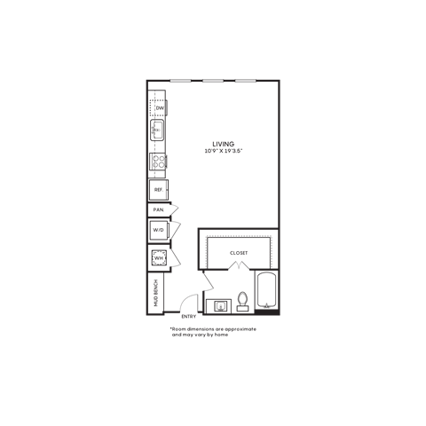 Floor plan for studio, 1 bath, 574 sqft